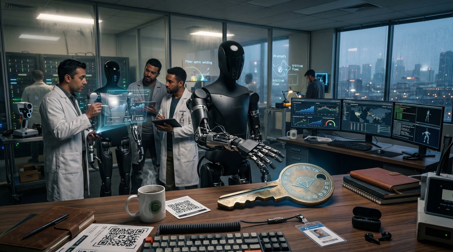 Humanoid robot grips blockchain key fob in Figure AI lab amid DeFi real estate TVL charts and BTC $76K price on monitors