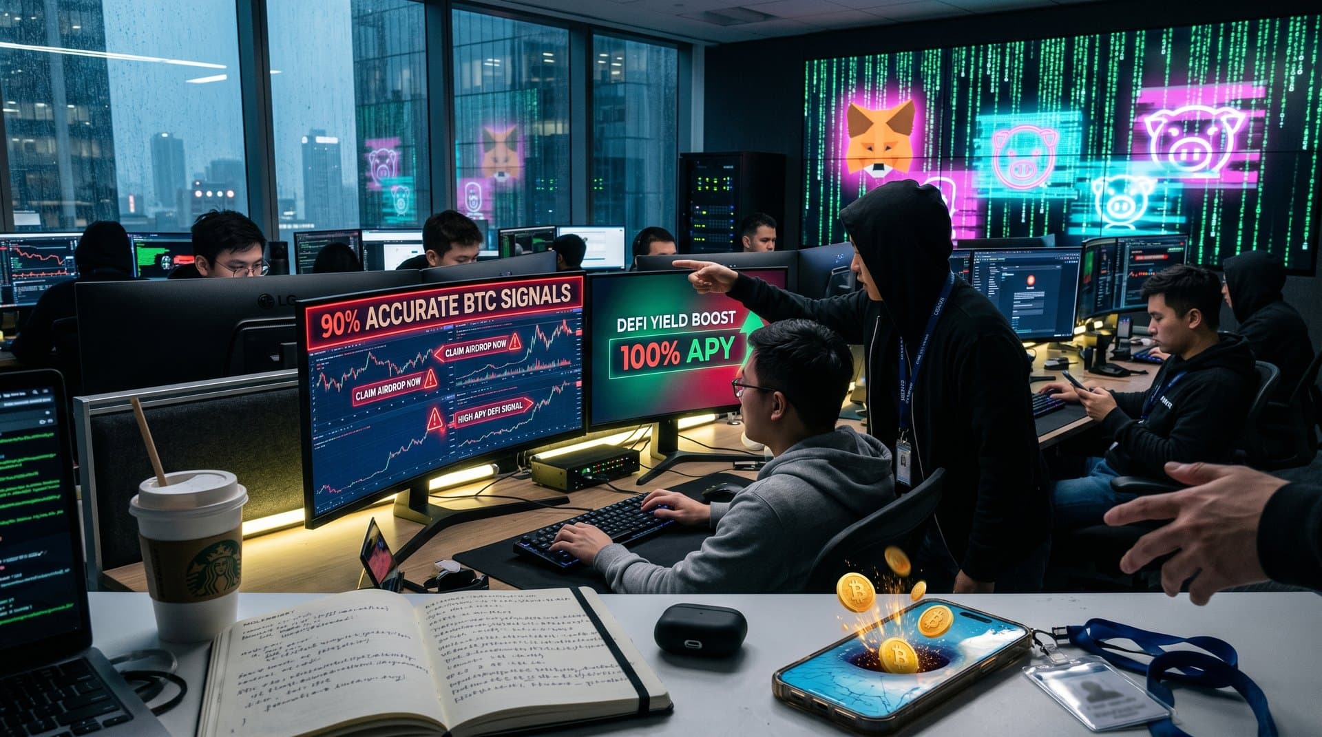 Smartphone screens show Meta feeds with fake crypto scams and DeFi alerts in cyberpunk style