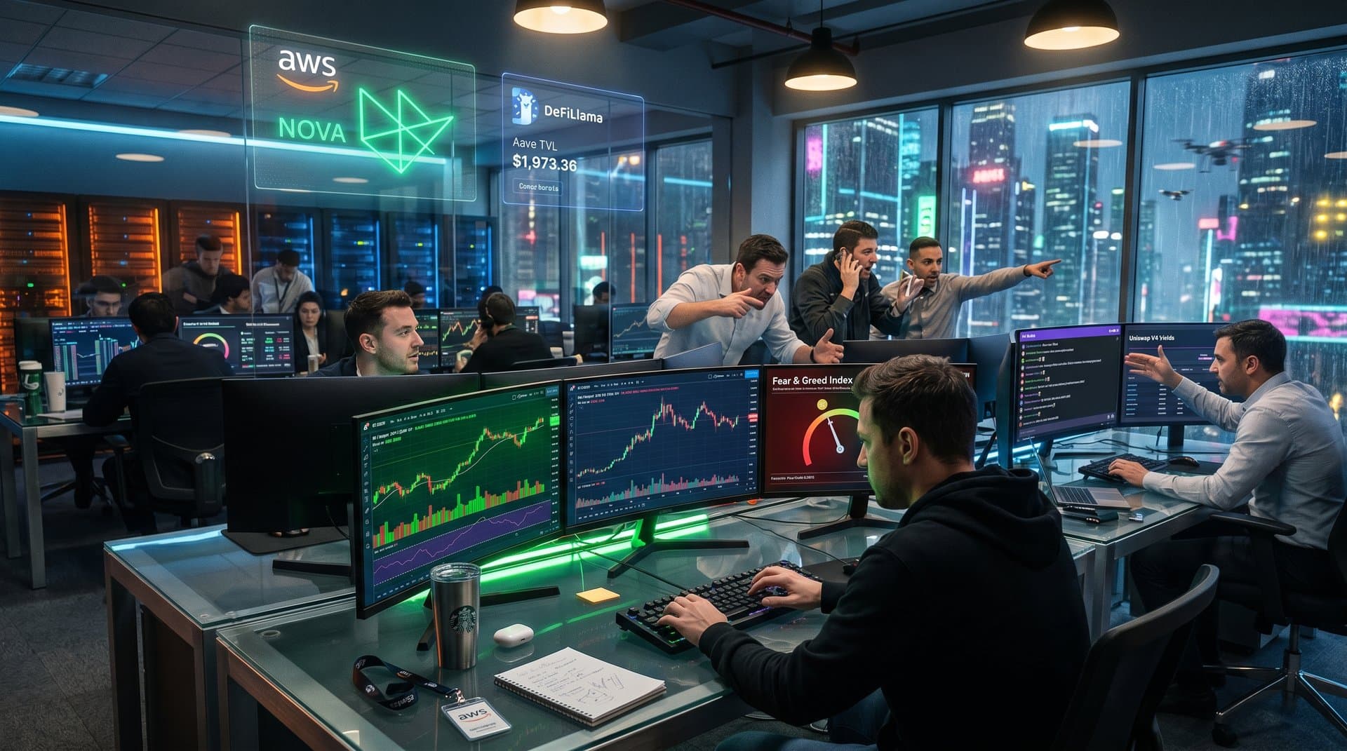 Futuristic trading screens showing BTC/USDT at $76k, DeFi TVL charts, video semantic search overlays in neon-lit crypto desk