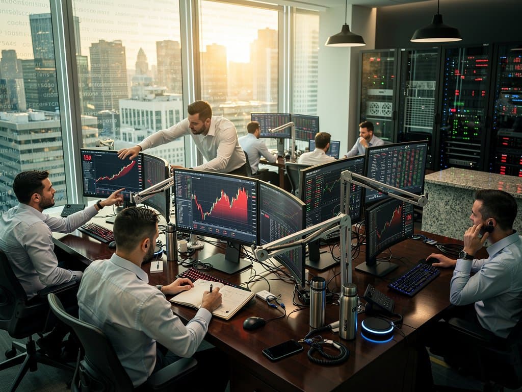 Trading terminals display BTC volume surge charts and Fear & Greed Index amid market dip