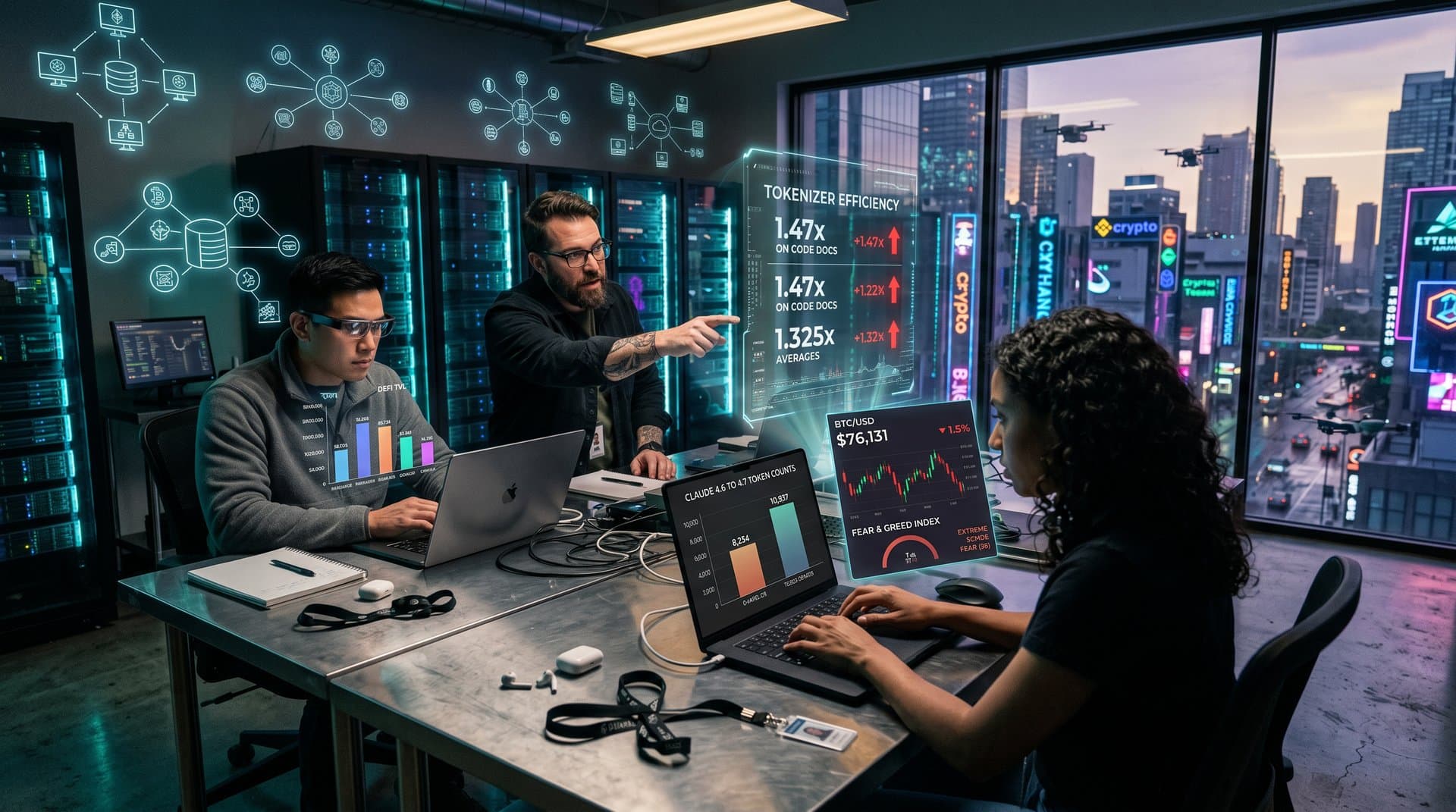 AI lab displays Claude 4.7 tokenizer charts at 1.47x and BTC price screens in modern research environment