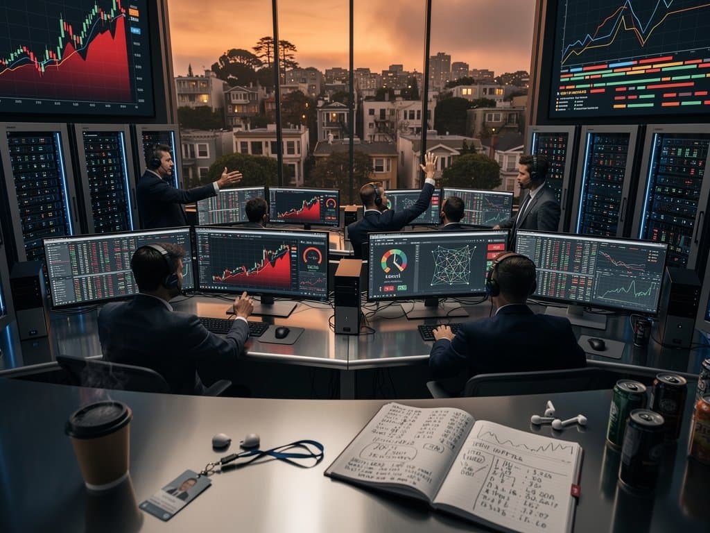Traders at desks with Bloomberg terminals showing red crypto charts, Worldcoin alerts, and volatility data amid busy floor activity