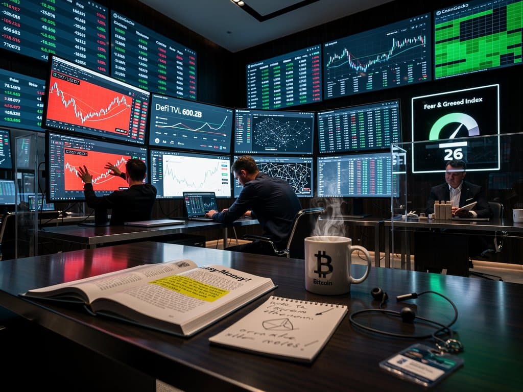 Crypto traders monitoring declining BTC and ETH charts with Fear & Greed at 26 on trading floor screens