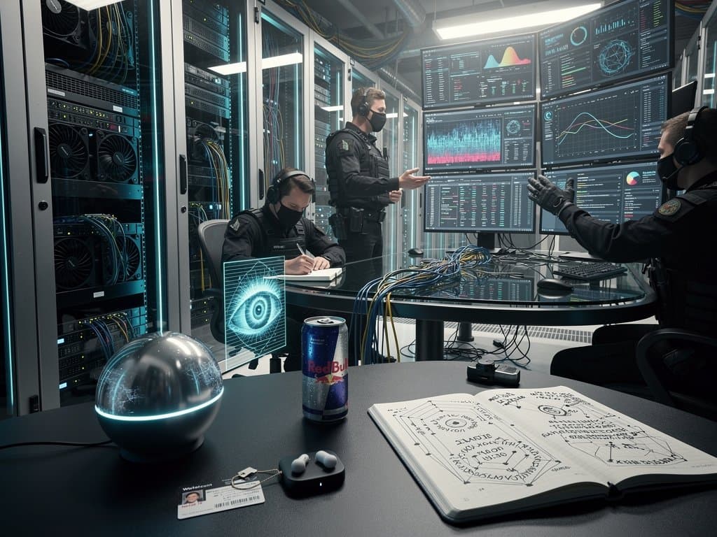 Cybersecurity analysts review Worldcoin biometric risks and crypto charts in secure data center server aisle