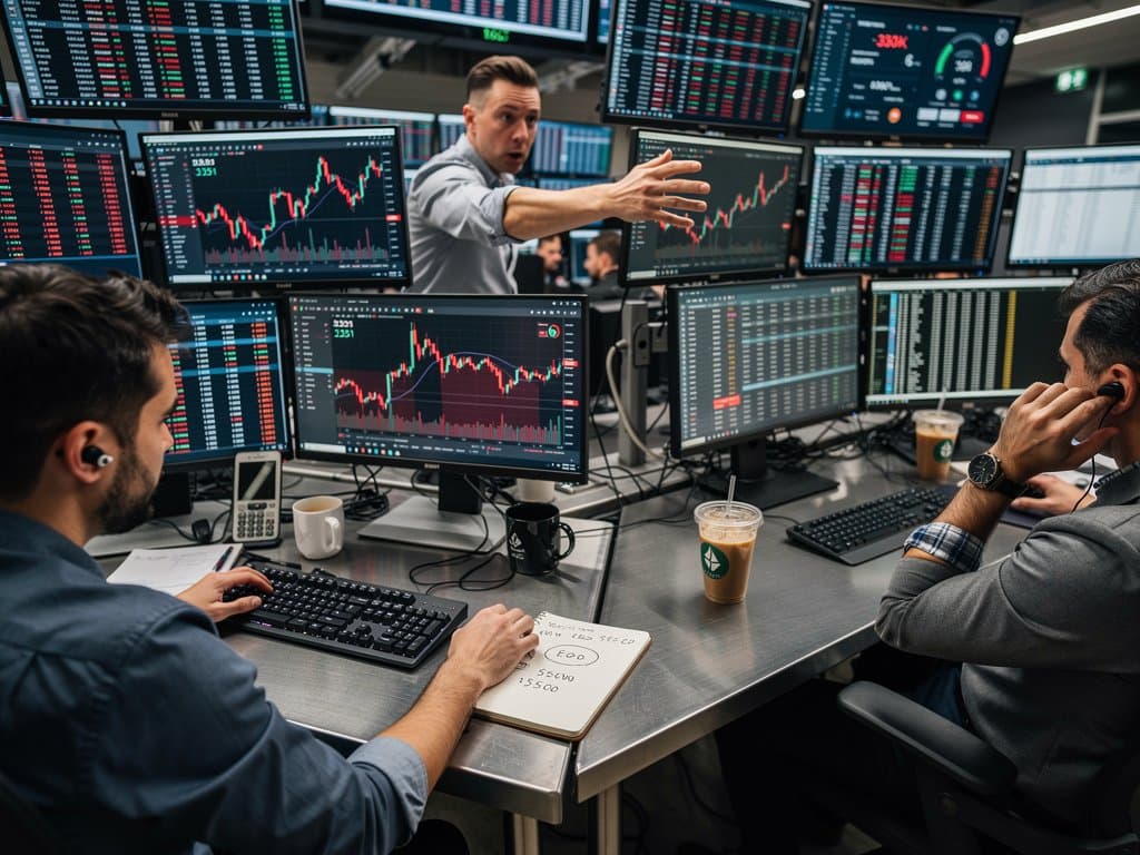 Trading floor analysts monitor ETH charts at $2,351 support, Fear & Greed at 26, DeFi dashboards amid modern office with skyline view
