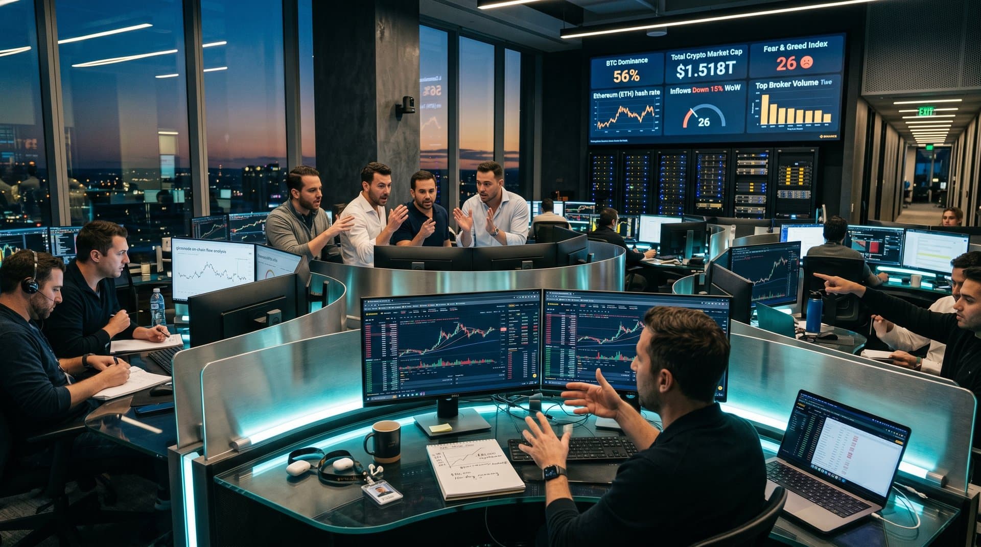 Crypto traders monitoring BTC price at $75,873 and 60% volume surge on exchange charts under modern trading floor lights
