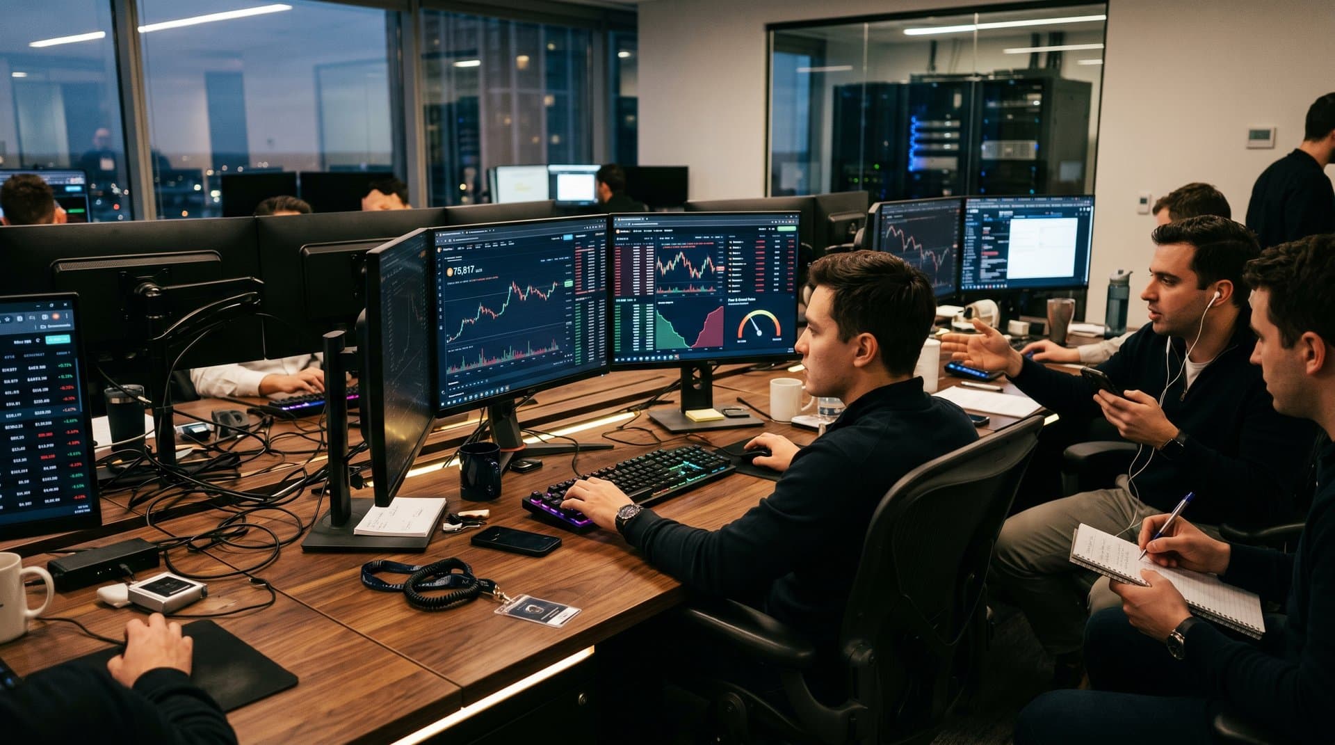 Monitors on trading desks display Kdenlive editing crypto BTC charts and timelines amid market data screens