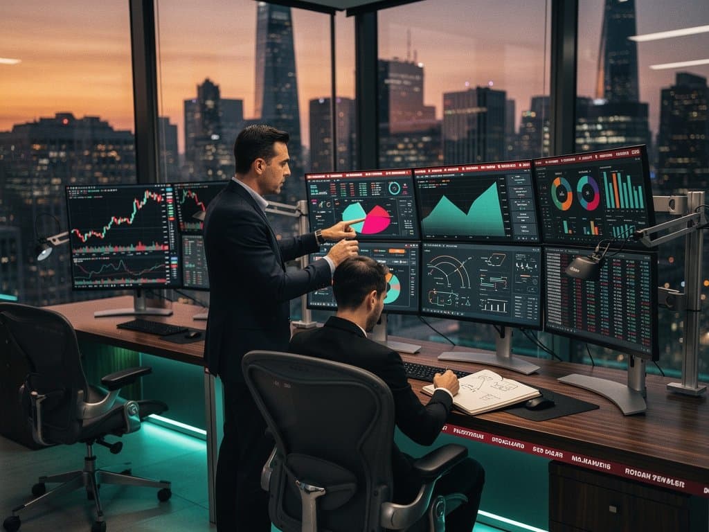 Trading desk with monitors showing BTC charts at $75,737, Fear & Greed 27, Bloomberg terminal, keyboard, and coffee in modern office