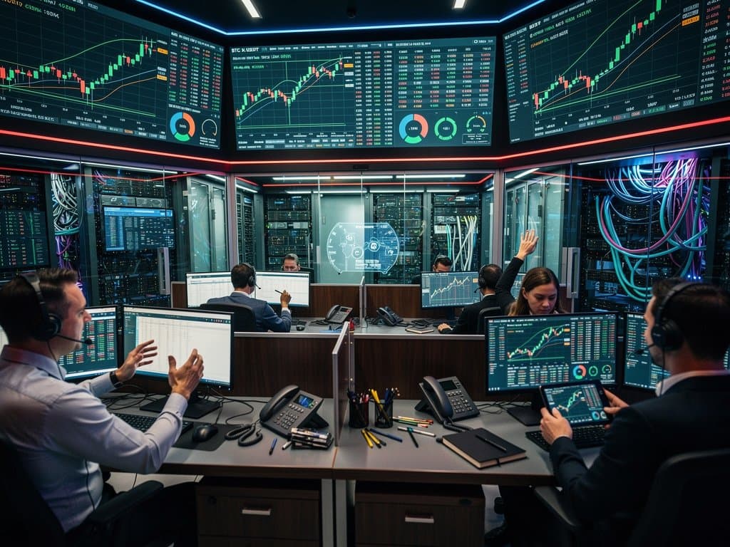 Trading floor screens show BTC $75K charts with angle overlays and DeFi data in a high-tech environment