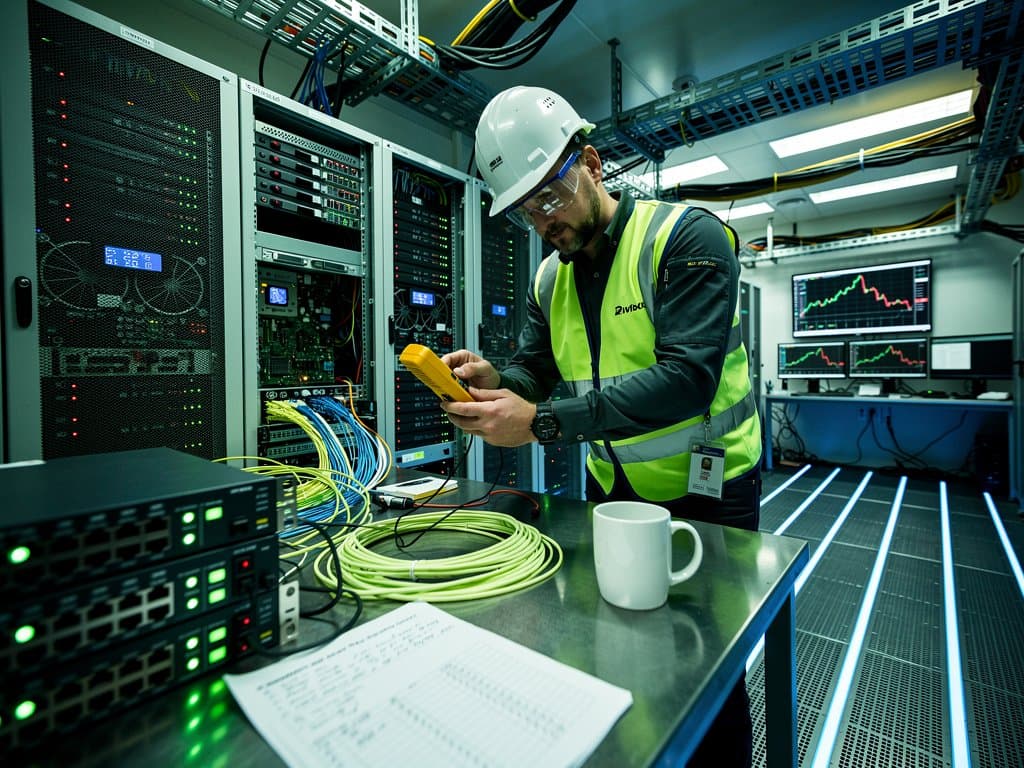 Engineer inspects Hetzner server in bustling Tier IV data center amid racks, monitors showing crypto charts and uptime metrics under LED lights