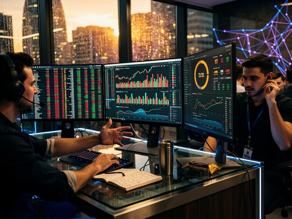 Crypto traders monitoring Solana price charts and DeFi DEX volumes on multi-monitor setup with blockchain visuals