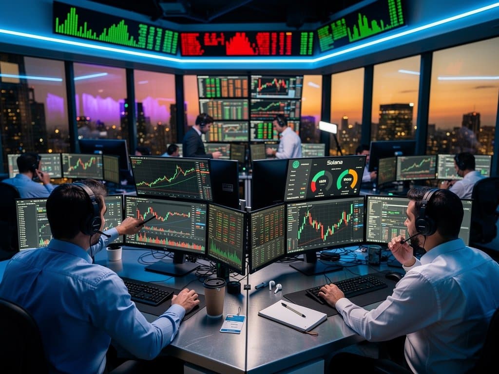 Traders monitor Solana price charts and DEX volumes on a modern crypto trading floor