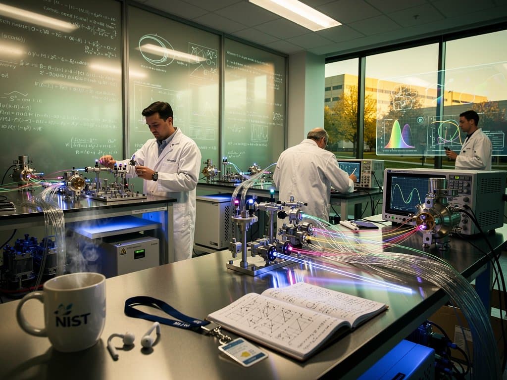 NIST quantum lab with any wavelength lasers emitting spectra onto qubit chips amid oscilloscopes and cryogenic equipment