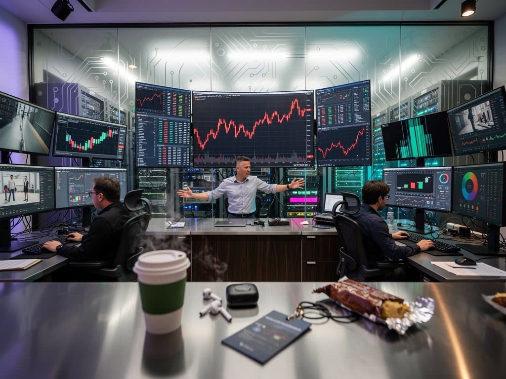 Trading desk screens showing Kdenlive editing BTC $75K charts and Fear Index 27 in crypto finance office