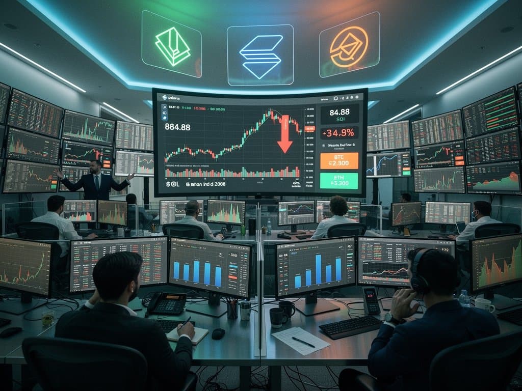 Futuristic trading screens displaying SOL at $84.88 with 3.9% drop, Fear & Greed at 27, MEXC top exchange rankings, Solana DeFi TVL charts in cyberpunk style