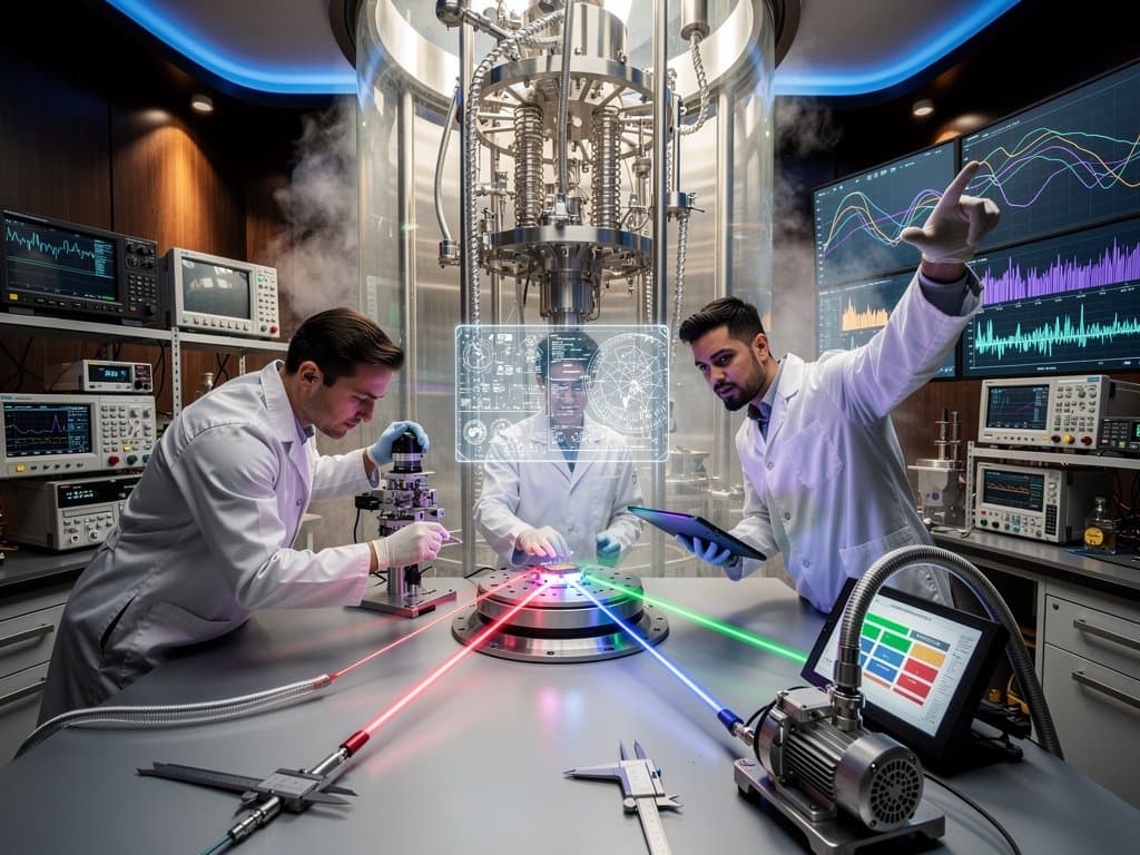 Quantum lab with multi-color lasers from microchip, qubit holograms, dilution fridge, and waveform monitors in high-tech setup