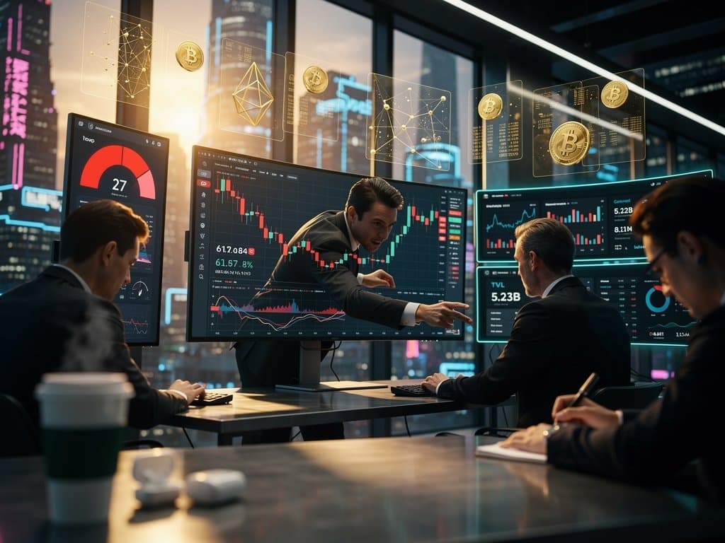 Crypto traders monitor BNB price dip to $619.84 and DeFi charts on multi-screen setups in modern trading office