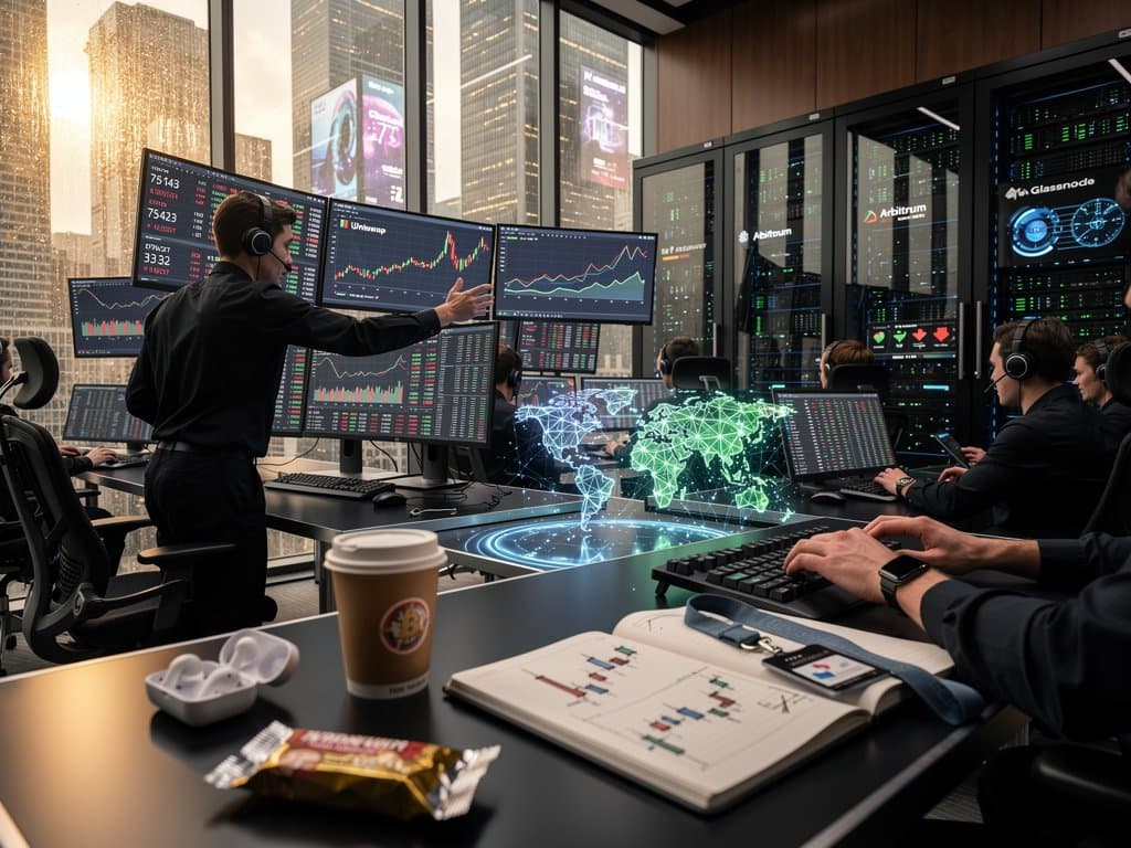 High-tech trading floor with screens showing BTC at $75K, DeFi charts, and IPv6 networks amid city skyline