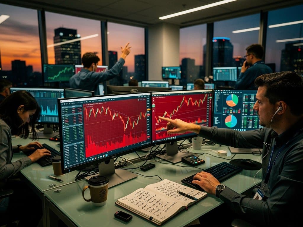 Crypto analysts study BTC charts at $74,796 with Fear & Greed 27 on trading screens amid market data and skyline
