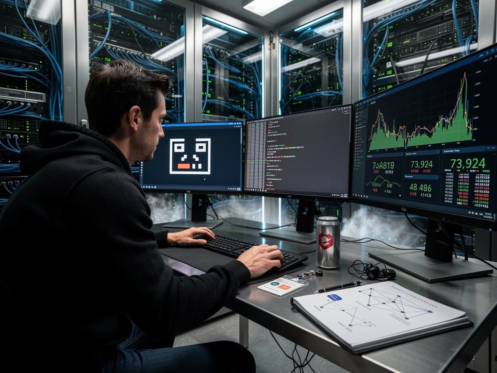 Data center with CHIP-8 emulator code, pixel graphics, and DeFi dashboards on multi-monitor setup amid server racks
