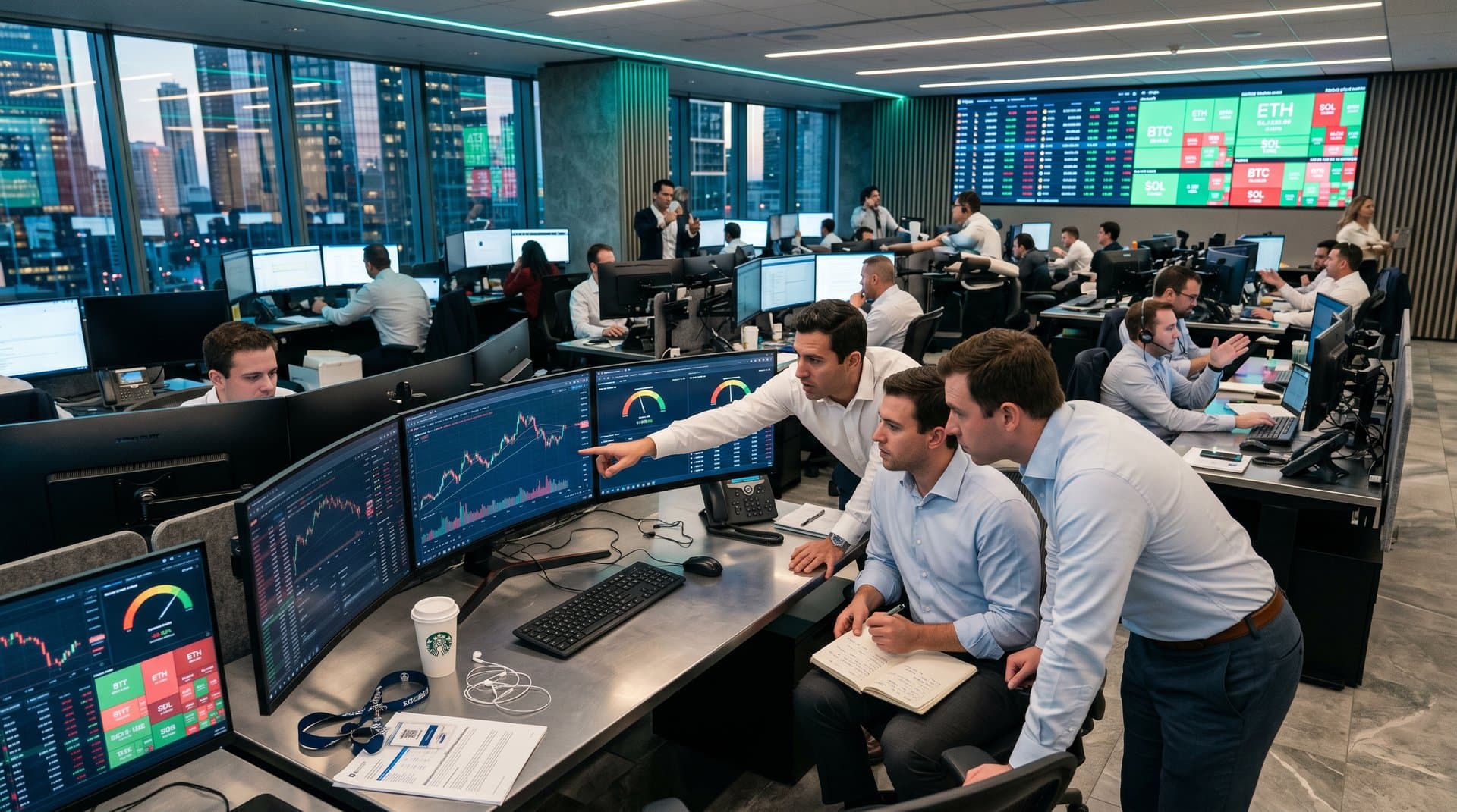 Trading floor monitors display BTC at $74,046 and Fear & Greed at 29 amid market analysis screens