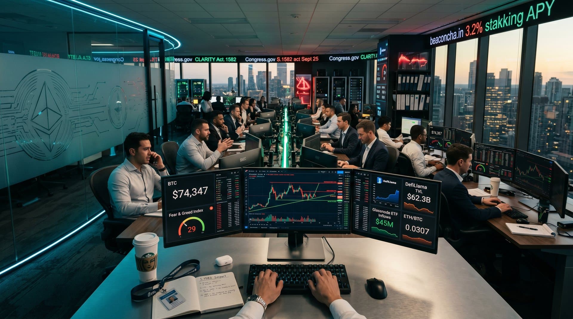 Traders monitor Ethereum $2,283 charts and CLARITY Act news on trading floor screens with Fear & Greed Index at 29