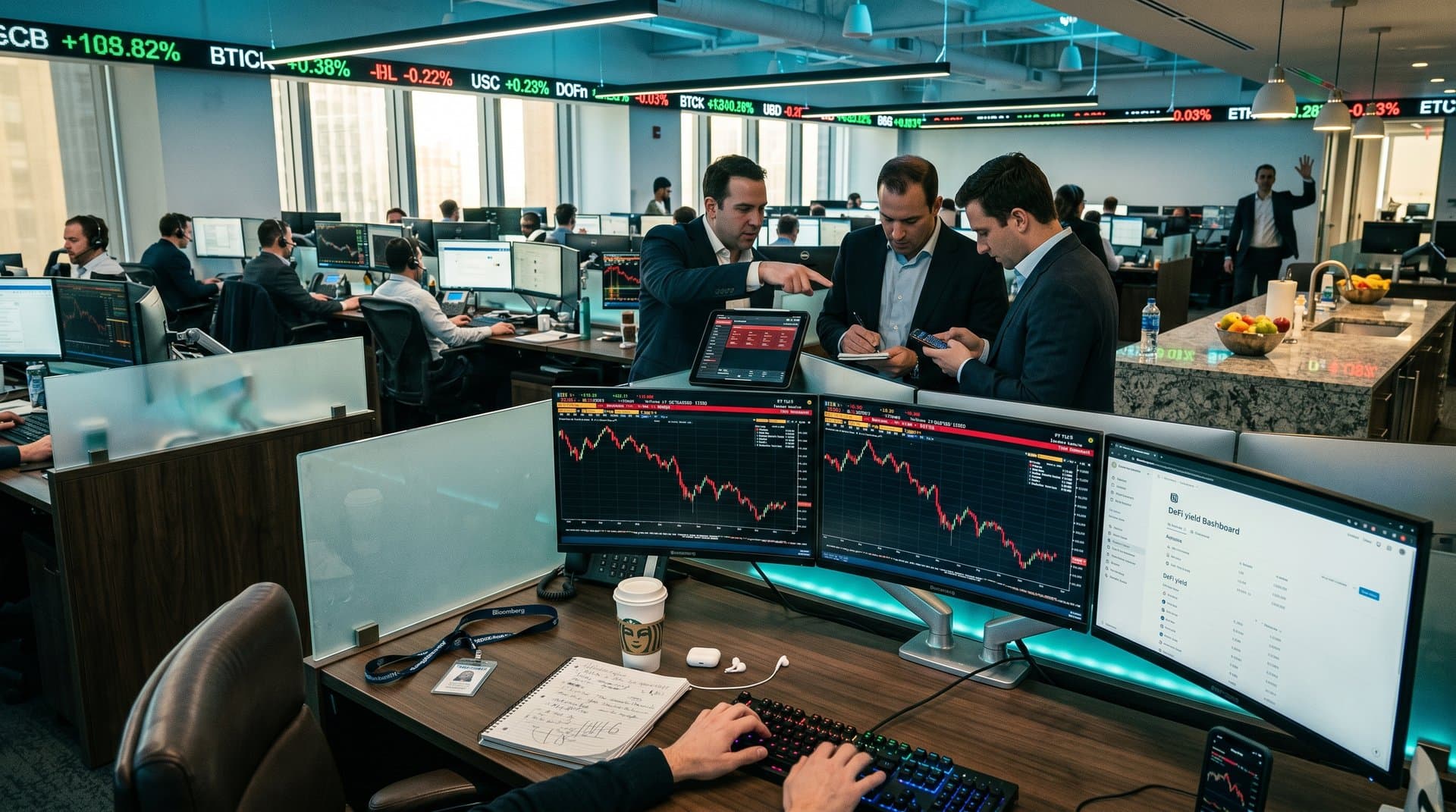 Traders at Bloomberg terminals on crypto trading floor review Notion dashboards and red BTC charts amid multi-monitor setups