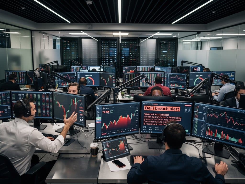 Crypto traders analyze Vercel breach alerts, ETH price drop, and DeFi charts on multi-monitor trading desk