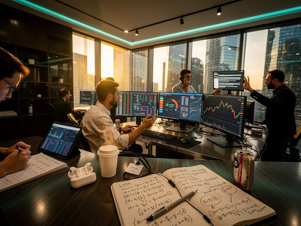 Crypto traders analyze TRX and BTC charts on multi-monitor desk in professional trading environment