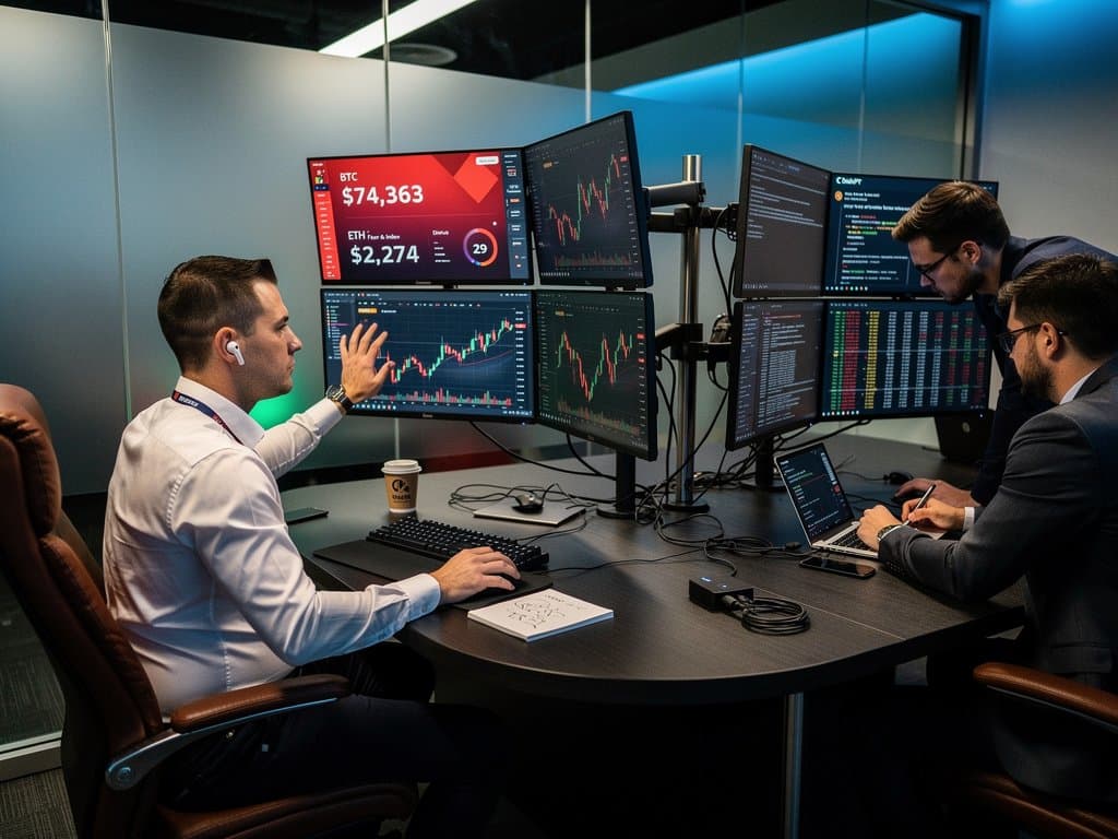 Crypto trading desks with monitors showing ChatGPT queries, red BTC charts at $74,363, Fear & Greed at 29, and on-chain data