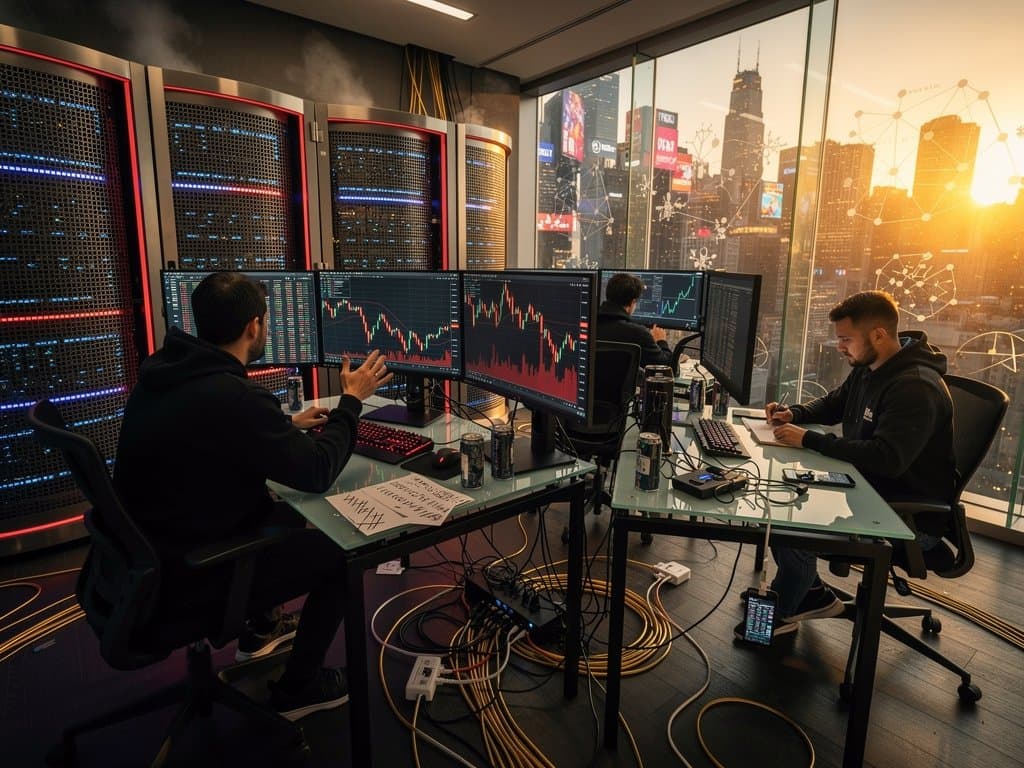 Crypto trading floor with BTC/USDT at $74,389 on Binance, Fear & Greed 29, DeFi TVL charts, phishing leak visuals under tense LED lighting