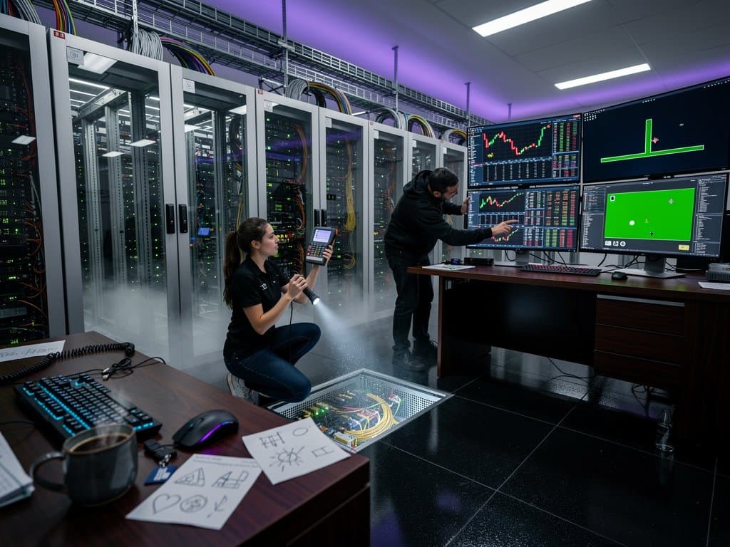 Data center servers and monitors display BTC $74K charts alongside CHIP-8 emulator running retro game