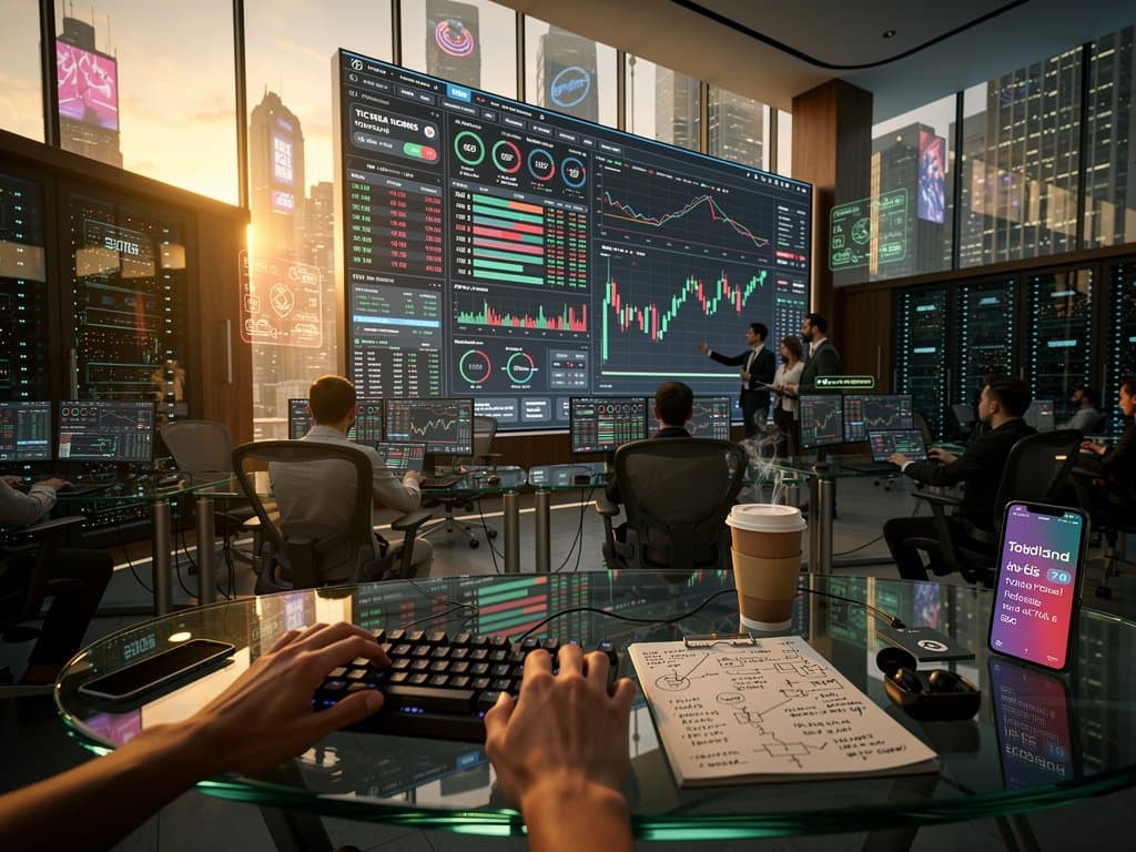 Trading floor screens display BTC charts at $74k, BNB gains, DeFi metrics, and Fear & Greed at 29 amid analyst discussions