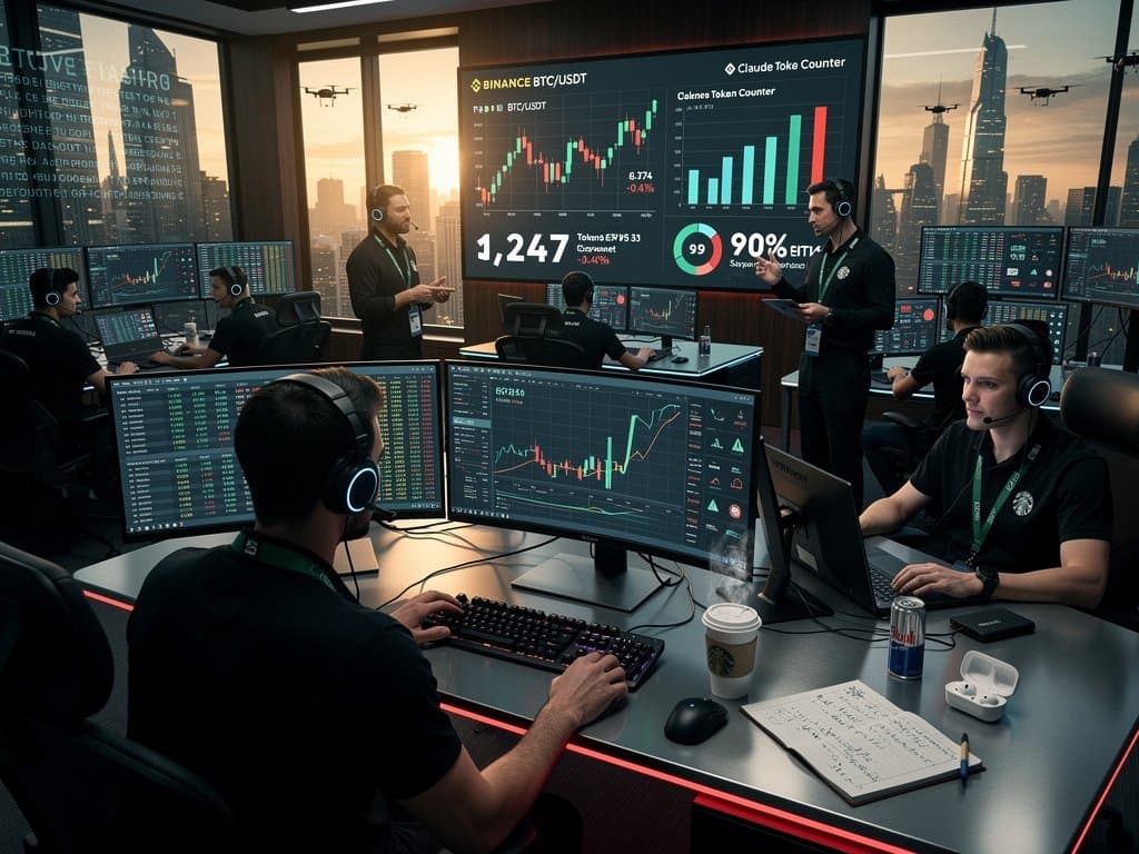 Crypto HFT traders on multi-screens with BTC $74,974 charts, Claude Token Counter model comparisons, Fear & Greed 29 in modern trading room