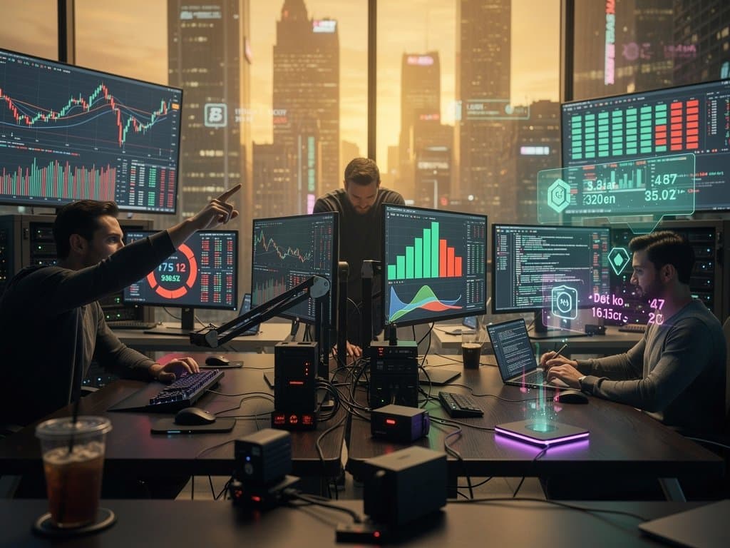 Crypto trading desk screens displaying BTC/USDT at $75,272, Fear & Greed 29, Claude vs GPT token comparisons, DeFiLlama yields, cybersecurity alerts in high-tech setup