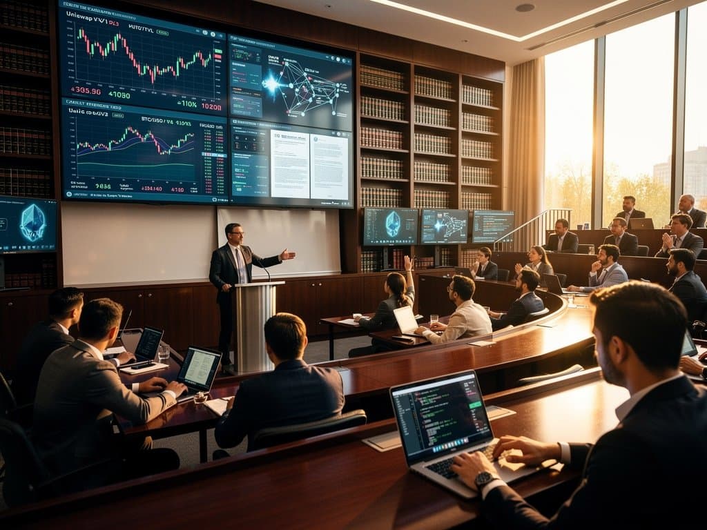 Law classroom screen shows AI neural networks, DeFi charts, BTC price amid blockchain and regulatory visuals