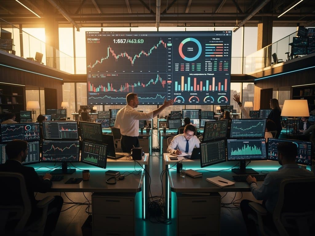 Crypto trading desk with monitors showing Claude Token Counter model comparisons, BTC charts at $75K, DeFiLlama TVL, Fear & Greed Index 29 in modern high-tech finance hub