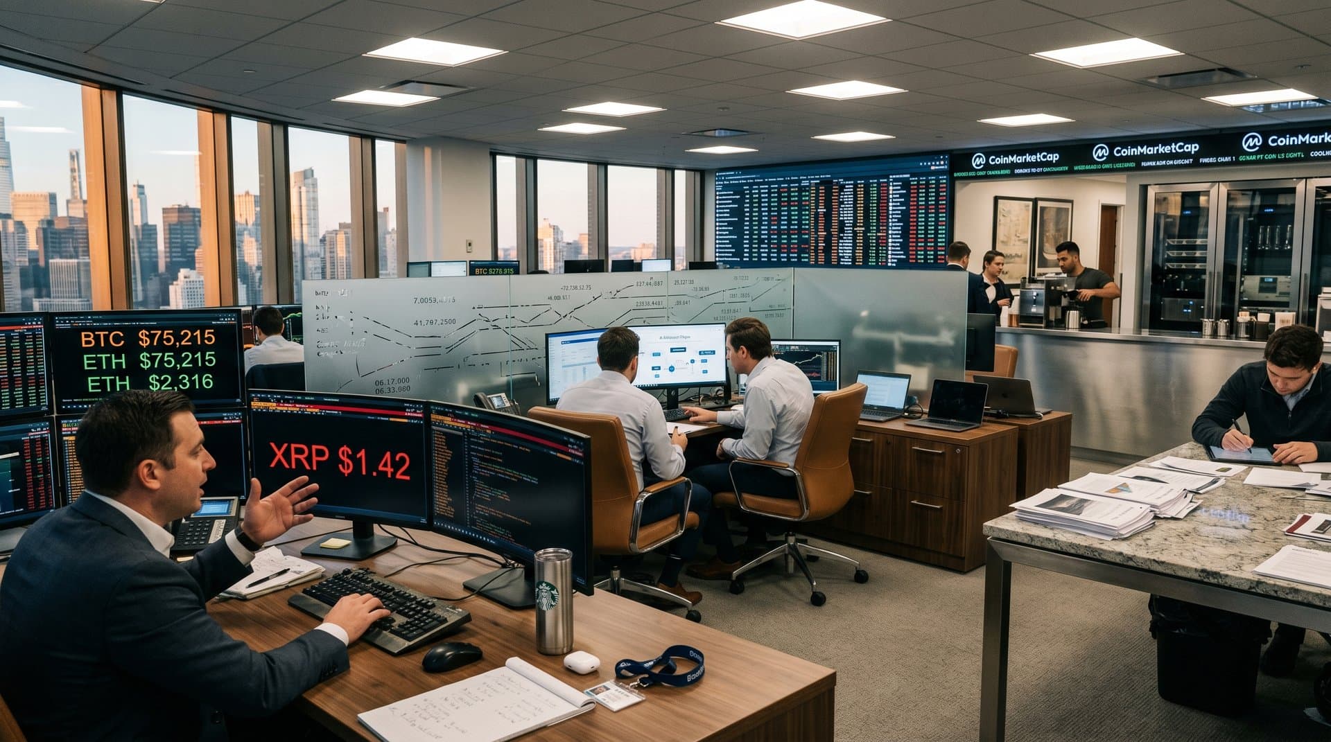 Traders monitor declining XRP charts on Bloomberg terminals amid multi-monitor setups on a bustling Goldman Sachs crypto trading floor