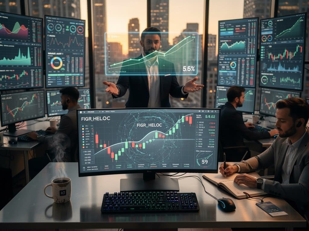AI-enhanced crypto trading desk showing FIGR_HELOC stability at $1.02 amid BTC dip, RWA charts and Fear & Greed Index