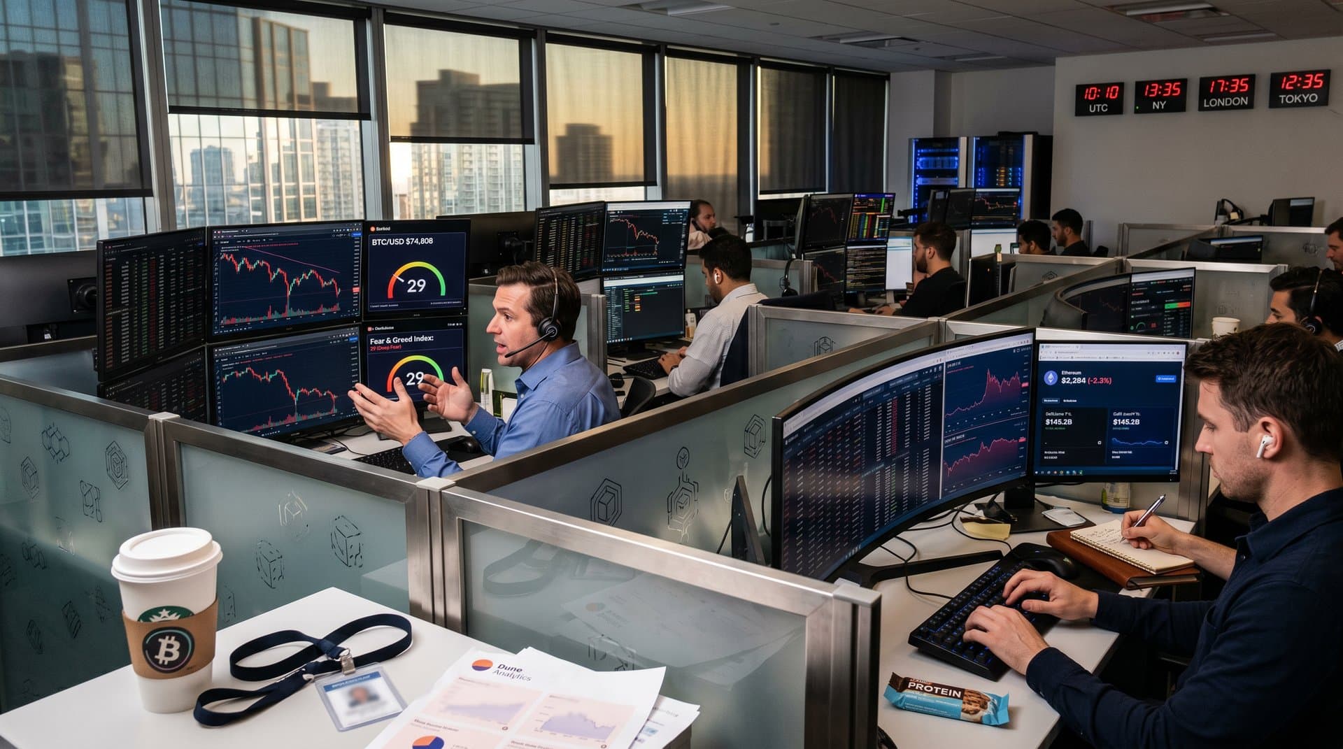 Crypto trading floor with monitors showing Bitcoin price at $74,808, volatility charts, Fear & Greed at 29, coffee and data reports