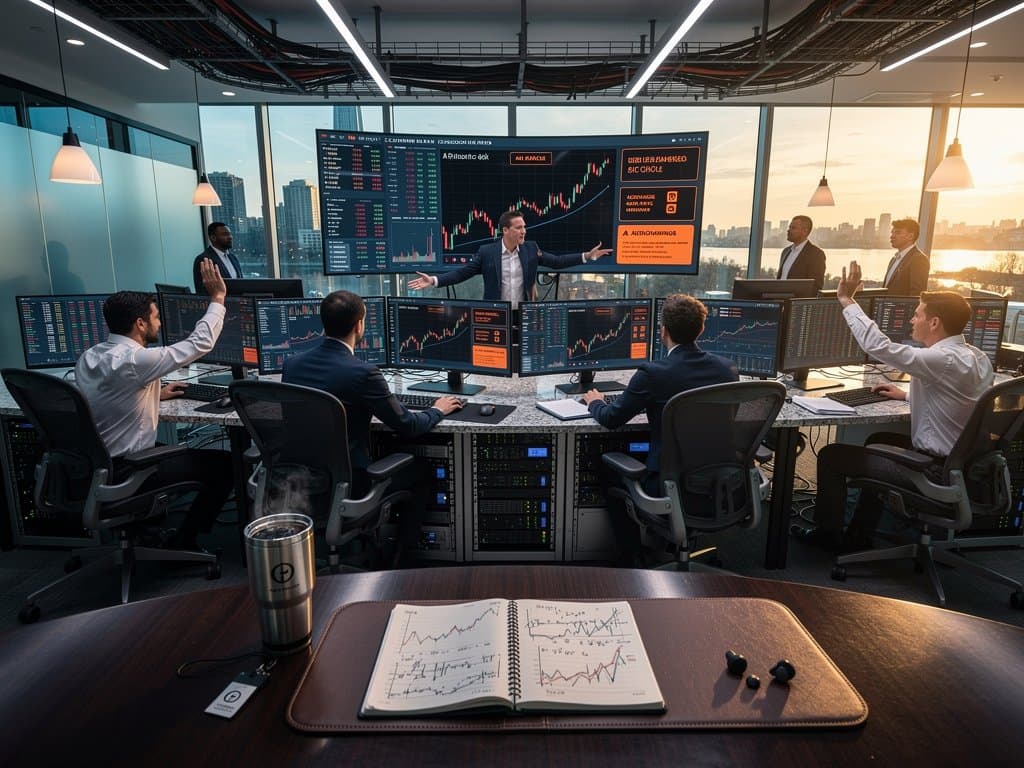 Trading floor monitors BTC at $75,557, ETH charts, AI oracle dashboards, Fear & Greed 29 amid RCE alerts