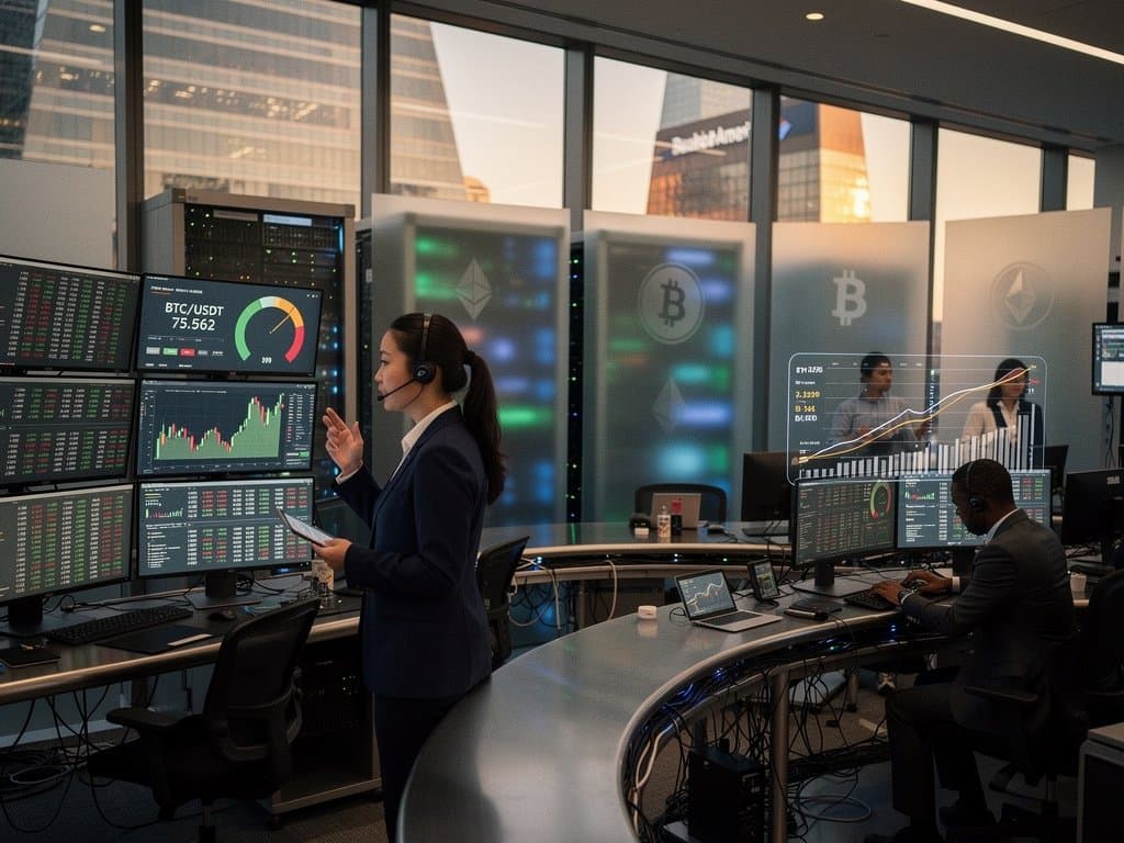 Charlotte trading floor with BTC charts, AI overlays, and Fear & Greed index under city skyline lights