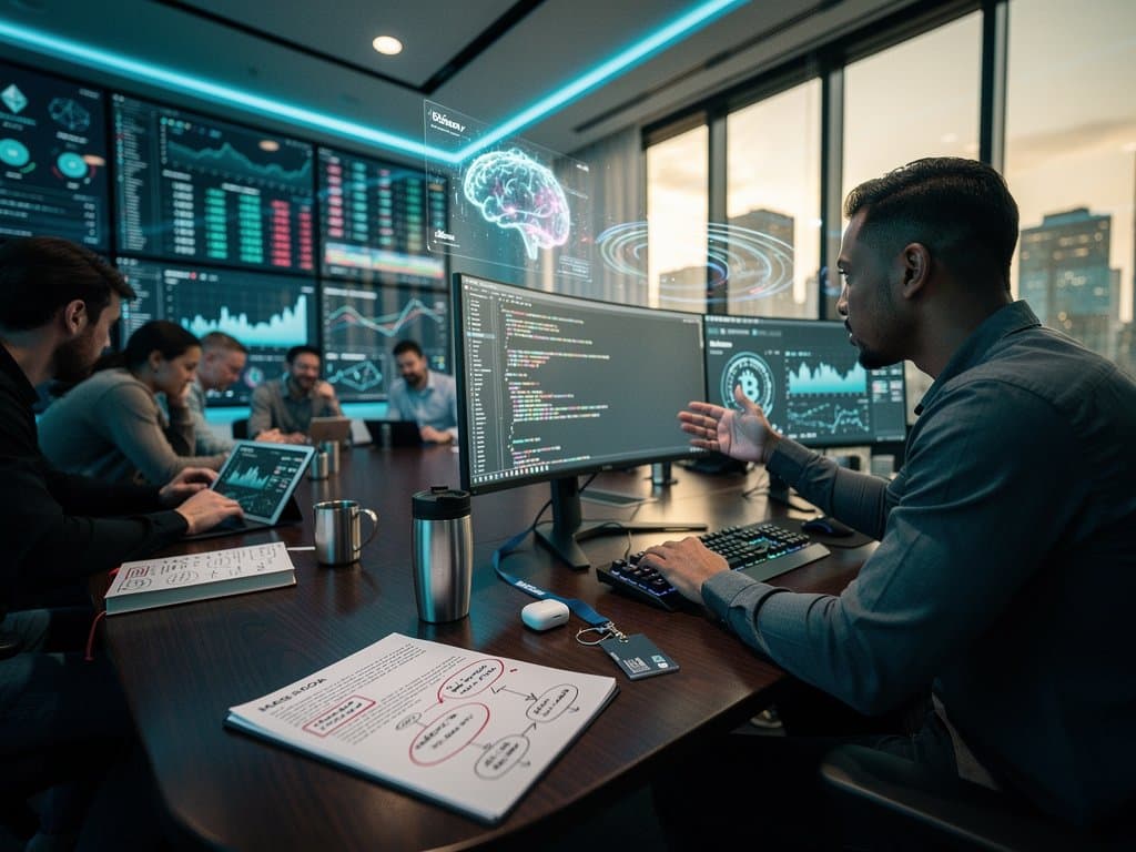 AI lab engineers review Solidity code, crypto whitepapers, DeFi dashboards, Ethereum graphs, and BTC charts in modern collaborative space