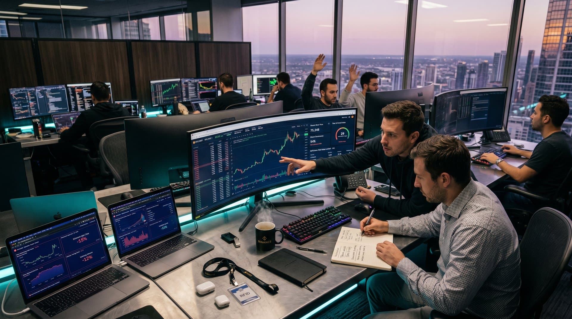 Crypto traders monitor BTC $76K, Fear & Greed 29, and DeFi TVL on multi-monitor setup in professional trading room