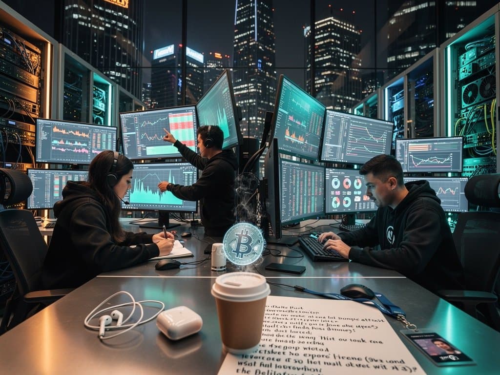 Trading floor with multi-monitors showing crypto charts, AWS SageMaker, and real-time BTC data in high-tech environment