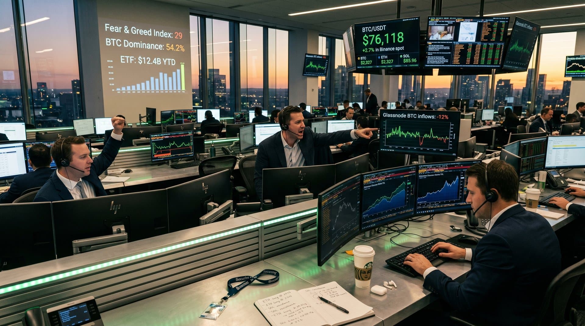 Trading desks monitor BTC at $76,118 on terminals with altcoin charts and skyline view