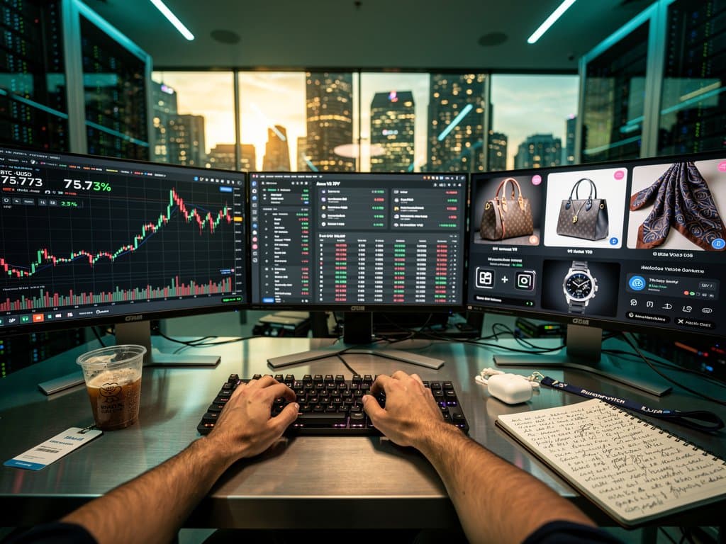 Crypto trading screens display BTC at $75,773, luxury NFT tokenized assets, DeFi yields, AI security overlays on modern desk with skyline