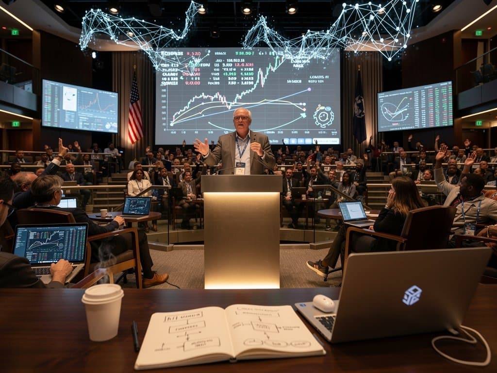 UNH auditorium screen showing AI ethics forum visuals: neural networks, BTC chart at $76k, Fear 33 index, blockchain oracles amid trading interfaces