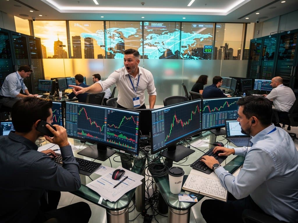 Crypto traders analyze XRP price charts on multi-monitors amid busy floor with LED walls and skyline view