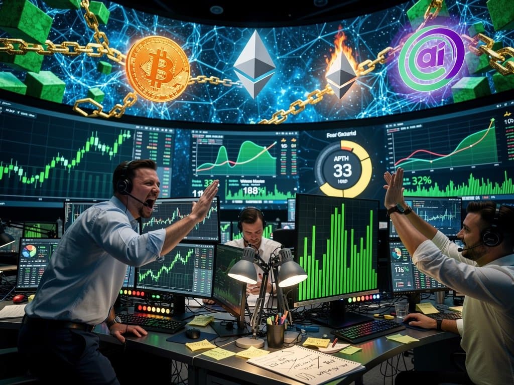 Neural networks merge with blockchain and crypto charts in abstract digital surge